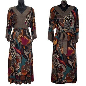 Uncle Frank V-Neck Maxi Dress S Bold‎ Multicolor Print Tie Back Empire Waist
